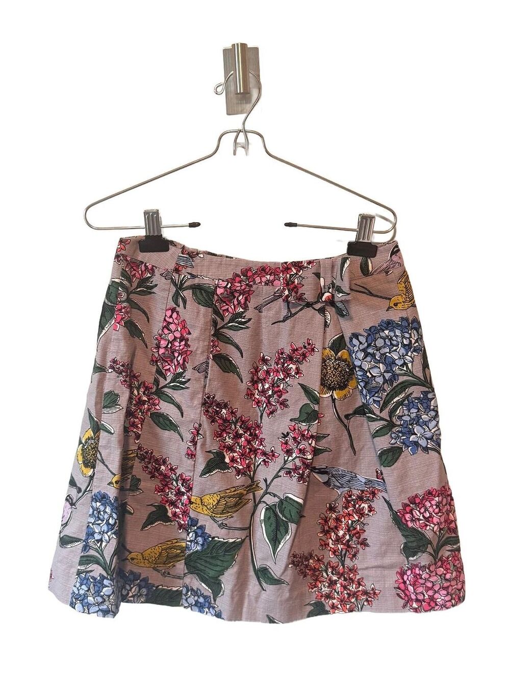 Boden | Purple Floral Bird Print Cotton Pleated Mini Skirt Sz 6 Cottagecore